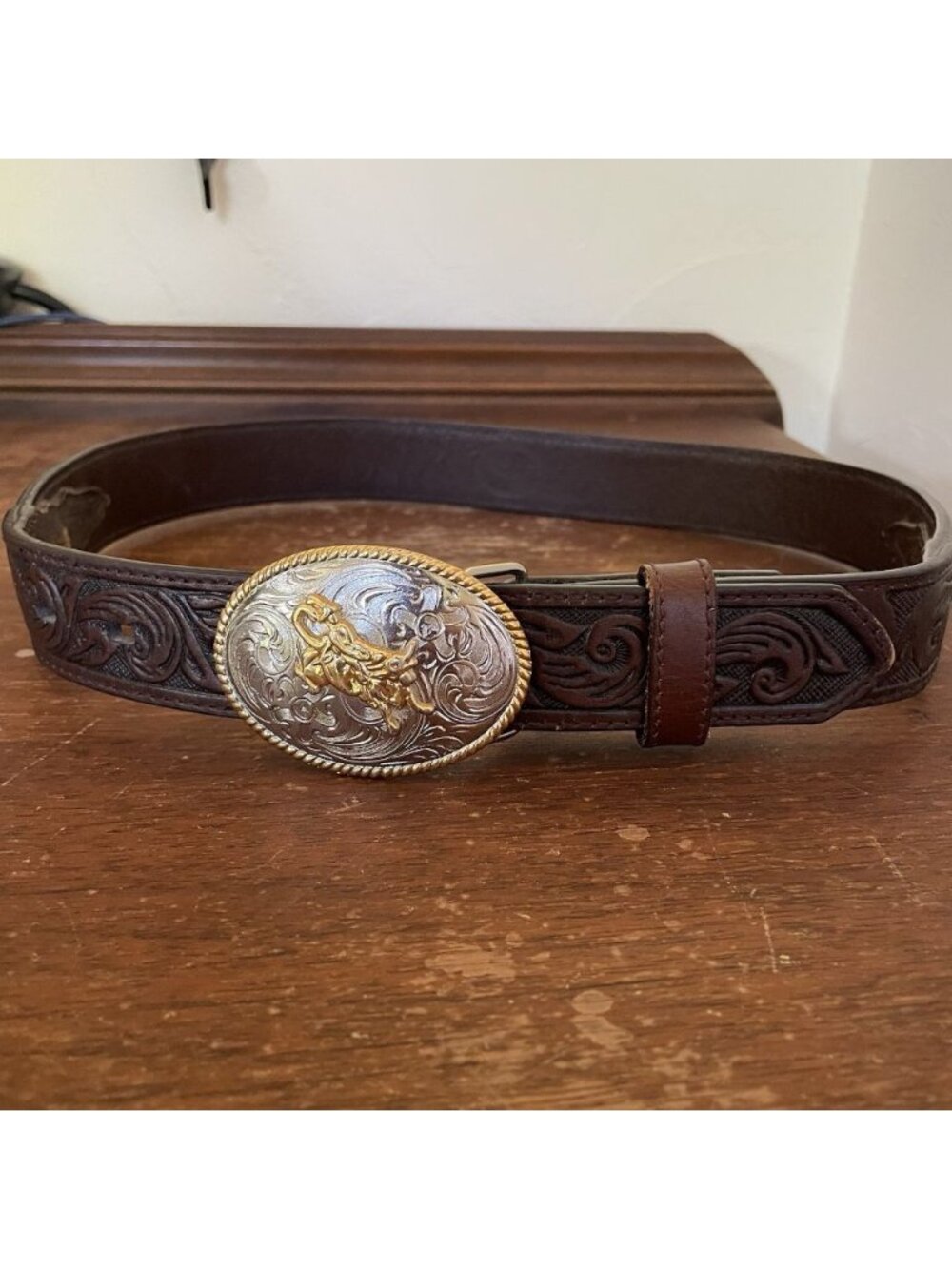 Youth Boys Belt Brown Leather 3D Bull Rider Buckle Silver Gold 26 Inch Western